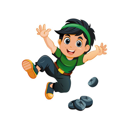 Happy cartoon boy jumping with blueberries on white backgroundのイラスト素材