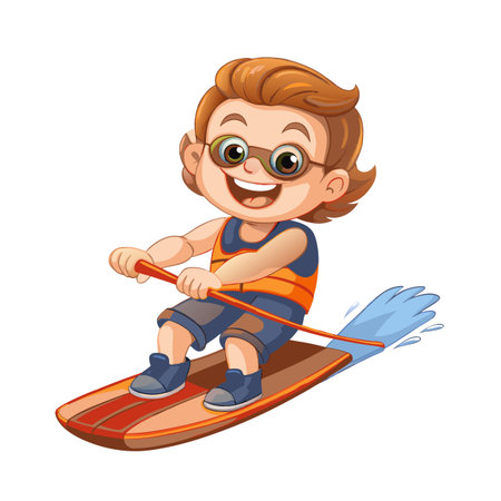 Cartoon boy water skiing on wooden board vector illustrationのイラスト素材