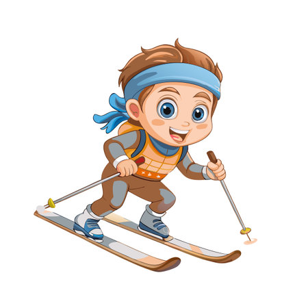 Cartoon boy skiing downhill with poles and helmetのイラスト素材