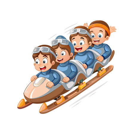 Cartoon Bobsled Team Racing Downhill with Speed Linesのイラスト素材