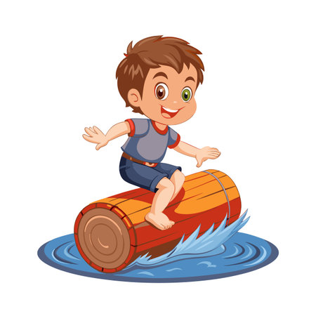 Boy playing on log floating in water cartoon styleのイラスト素材