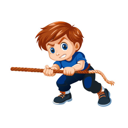 Boy in tug of war illustration pulling heavy ropeのイラスト素材