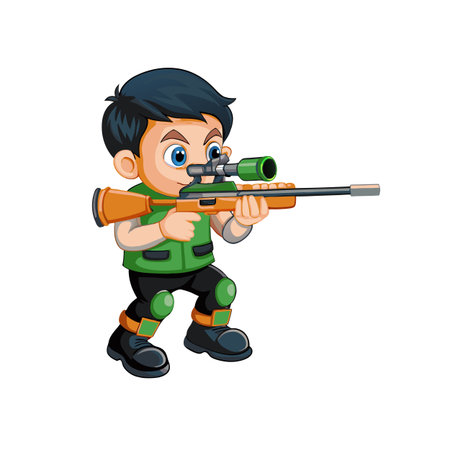 Cartoon boy aiming a toy sniper rifle standingのイラスト素材