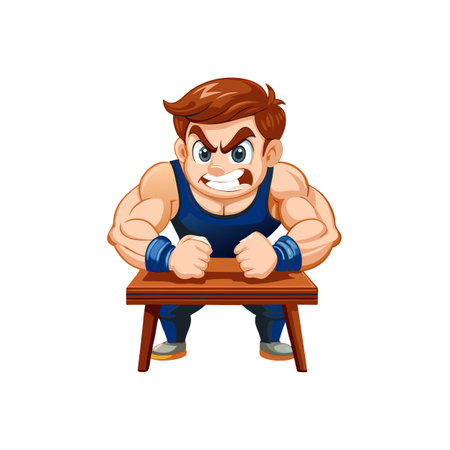 Cartoon muscular man arm wrestling with determined expressionのイラスト素材