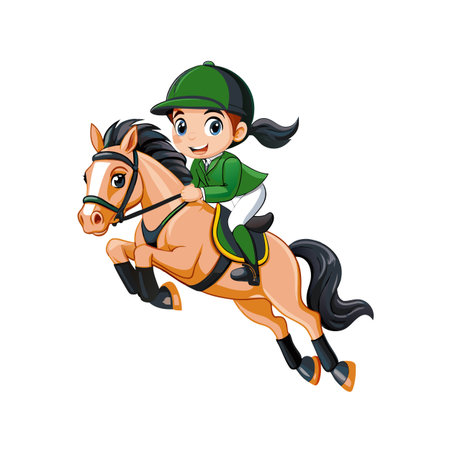 Cartoon girl riding horse jumping over obstacle course cheerfullyのイラスト素材