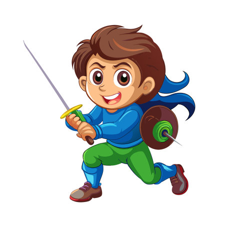 Boy cartoon character in fencing pose with sword and shieldのイラスト素材