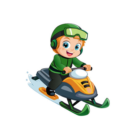 Cheerful boy rides a snowmobile in winter landscape cartoonのイラスト素材