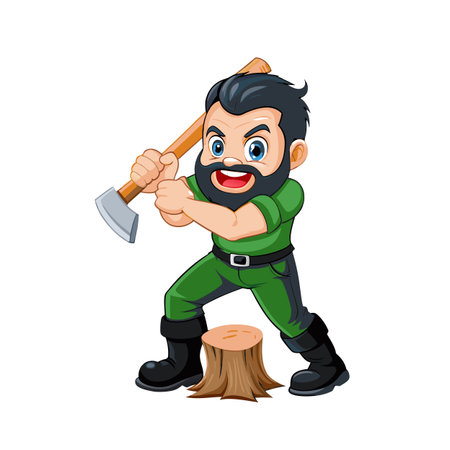 Cartoon lumberjack chopping wood with axe, isolated on whiteのイラスト素材