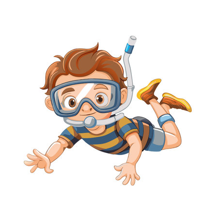 Cartoon Boy Snorkeling Underwater with Gear and Swimmingのイラスト素材