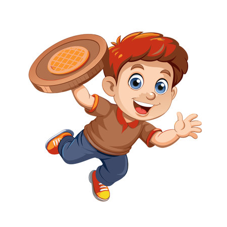 Happy cartoon boy throwing a waffle on white backgroundのイラスト素材