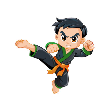 Cartoon boy wearing karate uniform performing martial arts kickのイラスト素材