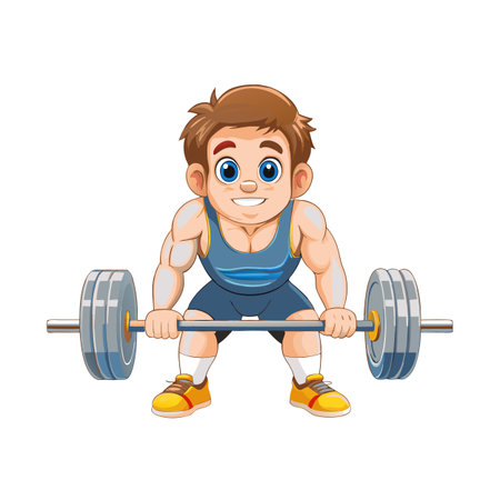 Cartoon bodybuilder preparing for deadlift with barbell illustrationのイラスト素材