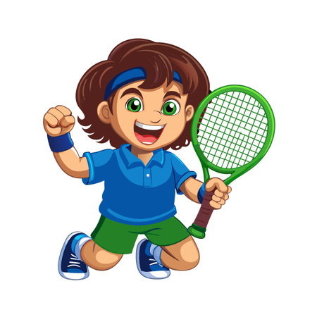 Boy tennis player celebrating a win cartoon illustrationのイラスト素材