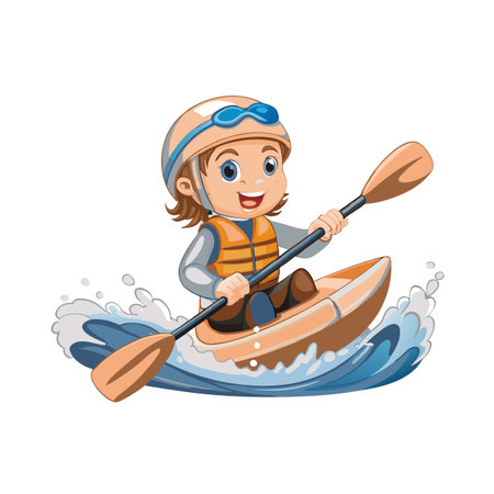 Smiling girl kayaking on water with safety gear illustrationのイラスト素材