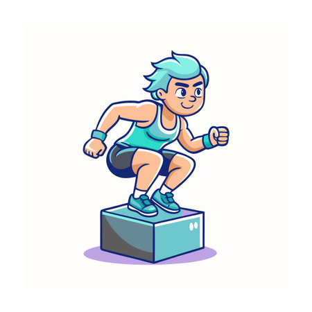 Cartoon woman doing box jump exercise with stylized appearanceのイラスト素材