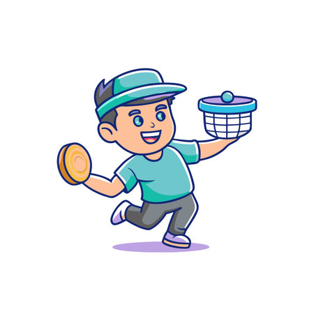 Cartoon boy cheerfully balances coin and basket while runningのイラスト素材