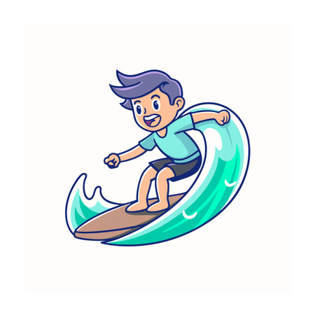 Cartoon Surfer Boy Riding a Turquoise Wave Illustrationのイラスト素材