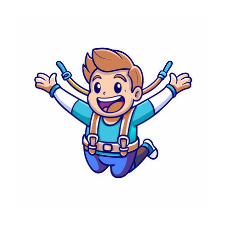 Cartoon boy jumps with excitement, wearing harness and smilingのイラスト素材