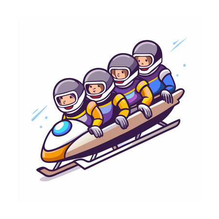 Cartoon bobsleigh team racing down the track together fastのイラスト素材