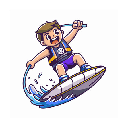 Cartoon boy wakeboarding performing stunt with dynamic water splashのイラスト素材