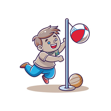 Cartoon boy reaching for ball tied to the poleのイラスト素材