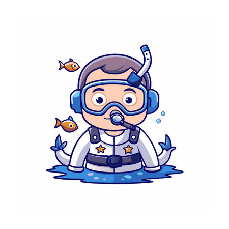 Cartoon diver character with fishes isolated on white backgroundのイラスト素材