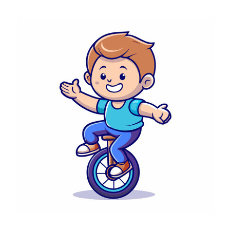 Cartoon boy rides a unicycle and waves hello happilyのイラスト素材