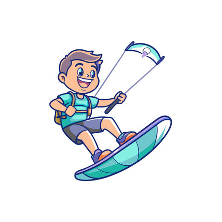Cartoon boy kitesurfing with bright kite, board, and backpackのイラスト素材