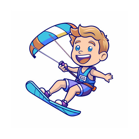 Cartoon boy kiteboarding with colorful kite on white backgroundのイラスト素材
