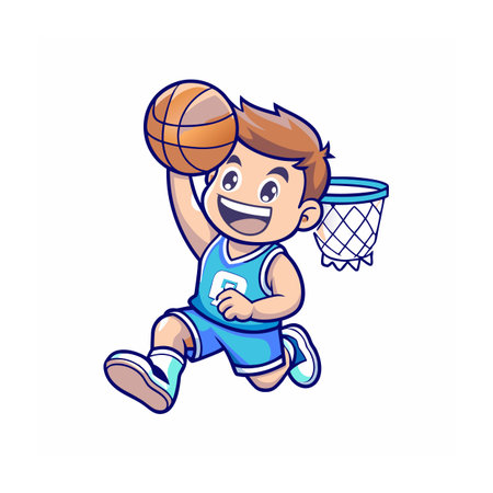 Cartoon basketball player scoring a point near the basketのイラスト素材