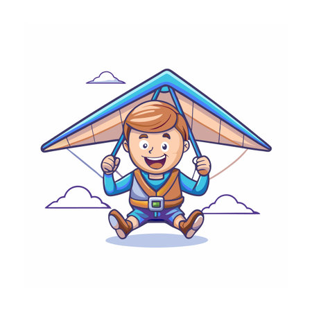 Cheerful Cartoon Boy Hang Gliding Above Clouds Illustrationのイラスト素材