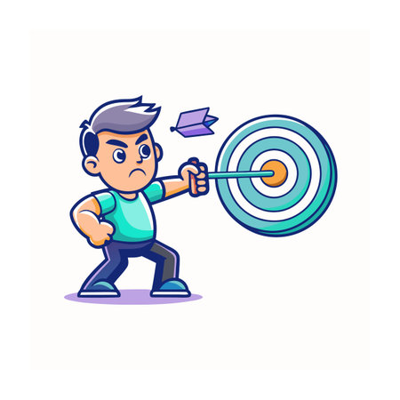 Boy aiming arrow at target illustration with cartoon styleのイラスト素材