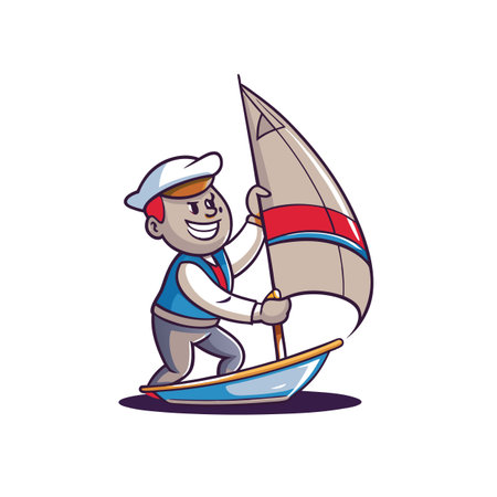 Smiling sailor boy with sailboat cartoon illustration imageのイラスト素材
