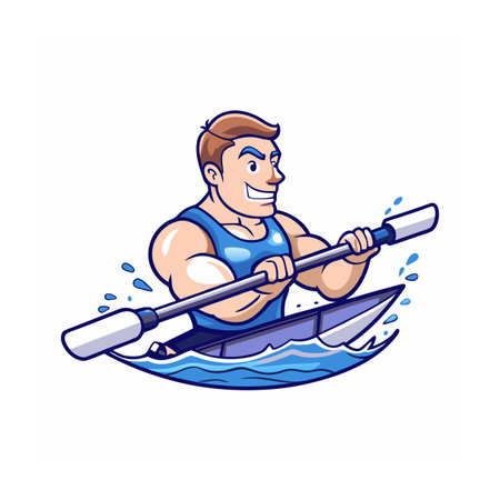 Cartoon kayaker paddling enthusiastically through blue water wavesのイラスト素材