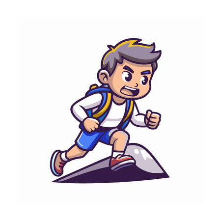 Cartoon style boy running up hill with backpackのイラスト素材