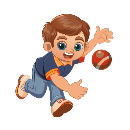 Cartoon boy reaching for a striped ball illustrationのイラスト素材