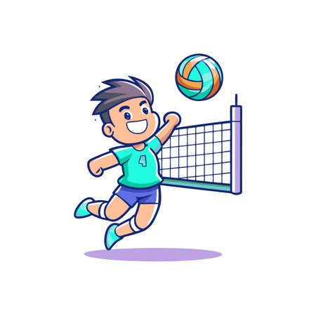 Cartoon volleyball player spikes ball over net with flairのイラスト素材