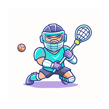 Cartoon lacrosse player prepares for action with lacrosse stickのイラスト素材