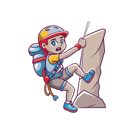 Cartoon climber ascending rock face with safety gearのイラスト素材