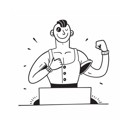Cartoon man flexing muscles behind a blank podiumのイラスト素材
