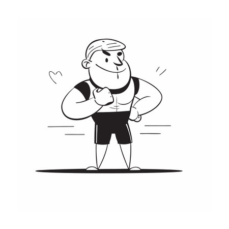 Confident cartoon bodybuilder flexing in retro black and whiteのイラスト素材
