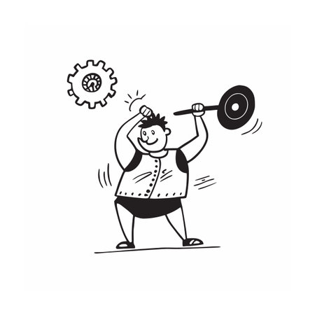Cartoon man lifting weight near gear doodle illustrationのイラスト素材