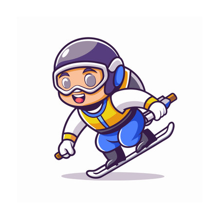 Cartoon skier character skiing downhill on white backgroundのイラスト素材