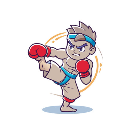 Cartoon Muay Thai Fighter Demonstrating a Kick Poseのイラスト素材