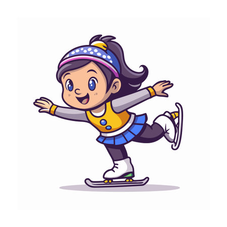 Cartoon girl skating on ice with happy expressionのイラスト素材