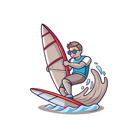 Cartoon windsurfer enjoys the ocean waves on a summer dayのイラスト素材