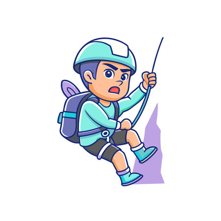 Cartoon climber descending mountain, using ropes and safety gearのイラスト素材