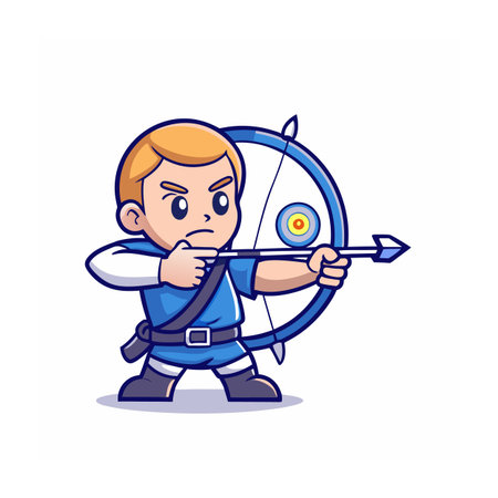 Cartoon archer aiming with bow and arrow on whiteのイラスト素材