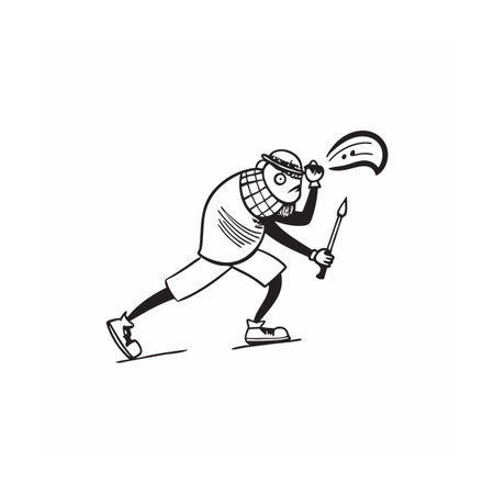 Retro comic style adventurer looking surprised with equipment in handのイラスト素材