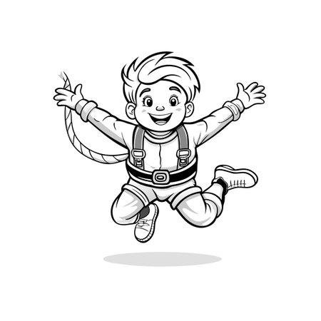 Cartoon boy happily jumping with bungee jumping gearのイラスト素材